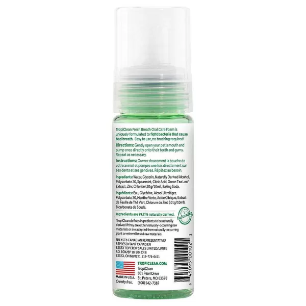 Clearance Tropiclean Fresh Breath Oral Care Fresh Mint Foam 4.5 Oz Dental Care